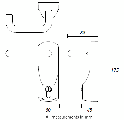 Diagram showing dimensions of the Exidor 322 lever operated outside access device
