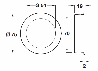 Diagram Showing Dimensions Of The Circular Shape Flush Fitting Handle With Spring Loaded Cover Plate For Sliding Doors - 75mm Diameter