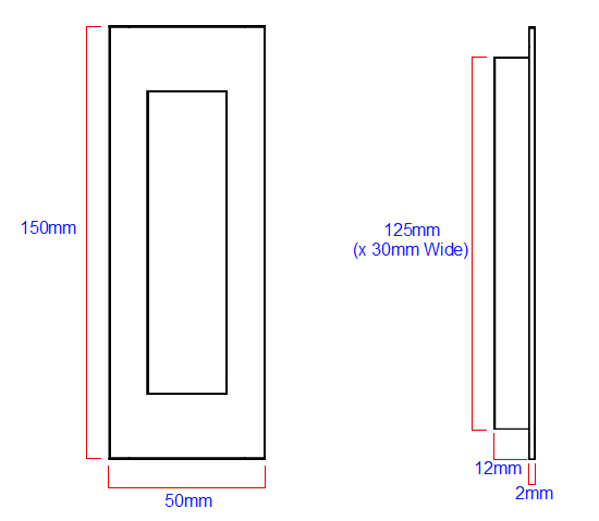 Diagram Showing Dimensions Of The Rectangular Shape Flush Fitting Pull Handle For Sliding Doors - 150mm x 50mm