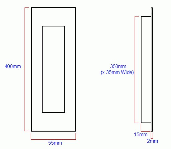 Diagram Showing Dimensions Of The Extra Large Rectangular Shape Flush Fitting Pull Handle For Sliding Doors - 420mm x 55mm