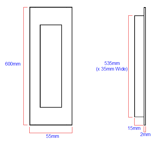 Diagram Showing Dimensions Of The Extra Large Rectangular Shape Flush Fitting Pull Handle For Sliding Doors - 600mm x 55mm