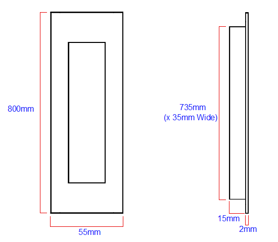 Diagram Showing Dimensions Of The Extra Large Rectangular Shape Flush Fitting Pull Handle For Sliding Doors - 800mm x 55mm