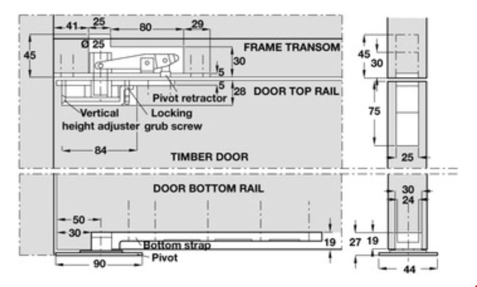 Diagram Showing Dimensions Of The Double Action Floor Mounted Pivot Set - 125kg