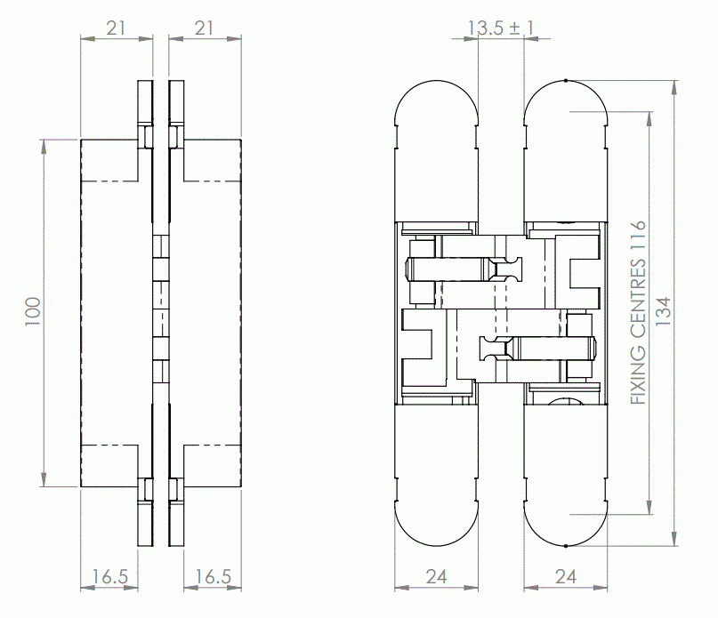 Diagram Showing Dimensions The Concealed Invisible Hinge 134mm x 24mm