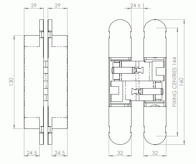 Diagram Showing Dimensions The Fire Rated FD30 / FD60 Concealed Invisible Hinge 160mm x 32mm