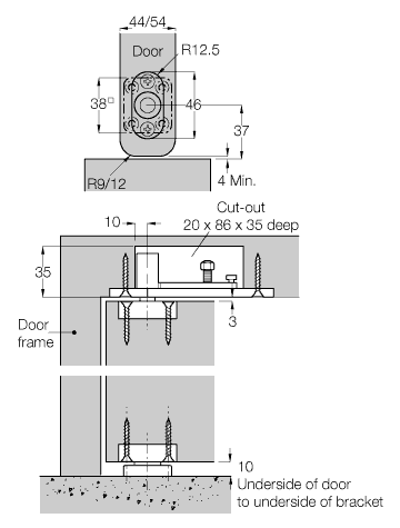 Diagram Showing Dimensions Of The Double Action Floor Mounted Pivot Set - 80kg