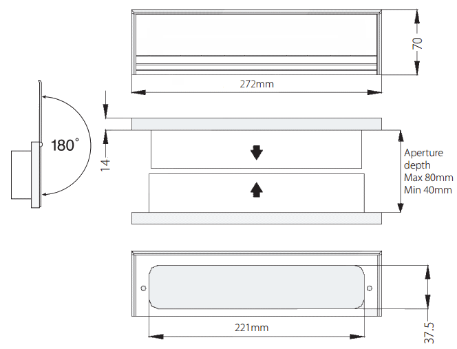 Diagram and dimensions of 272mm x 70mm fire rated intumescent sealed letter plate