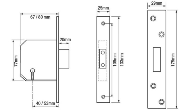 Diagram showing dimensions of the Chubb 3G114E 5 lever BS dead lock