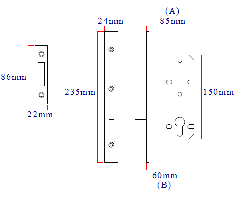 Diagram showing dimensions of the Eurospec DIN standard euro profile mortice deadlock DLS0060EPSSS