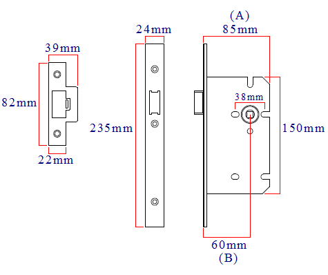 dimensions of the Eurospec DIN standard mortice latch DLS0060LSSS
