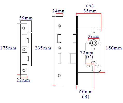 dimensions of the Eurospec BS EN 179 Emergency escape mortice sash lock DLS7260ESCSSS