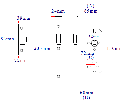 dimensions of the Eurospec DIN standard euro profile anti-thrust mortice night latch DLS7260NLASSS