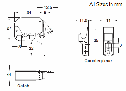 Diagram Showing Dimensions Of The Hafele 245.54.701 Mini Touch Latch