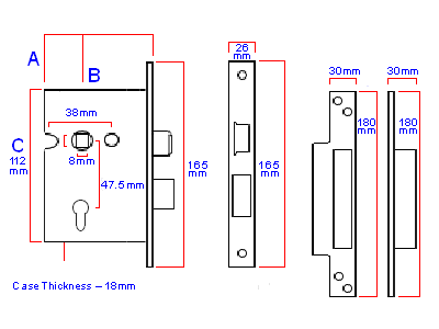 Diagram showing dimensions of the Eurospec BS rated cylinder sash lock