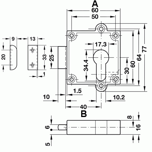 Surface mounted euro profile rim lock for cupboard doors dimensions diagram