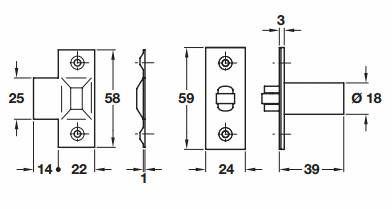 Diagram showing dimensions of the J8075 adjustable roller catch