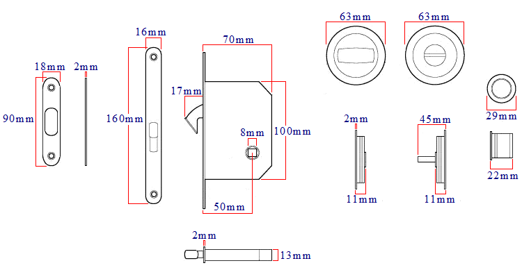 Diagram and dimensions for the bathroom hook lock set for sliding pocket doors