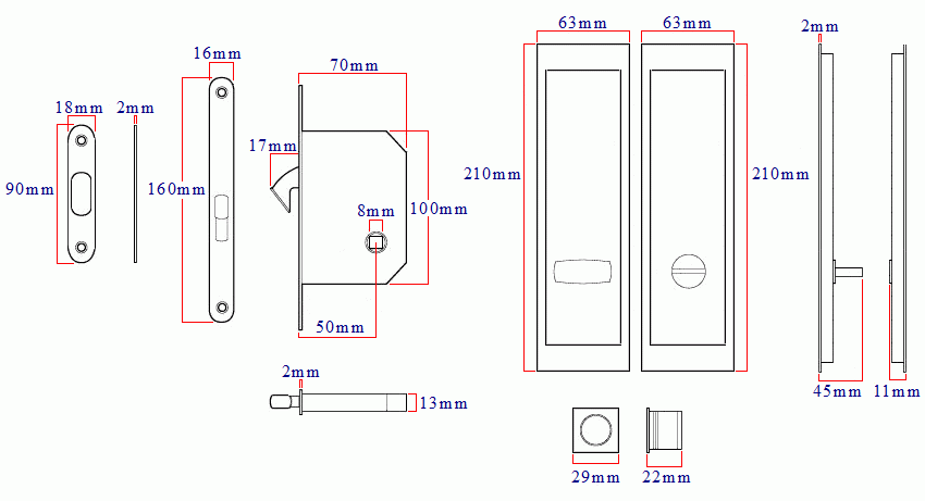 Diagram and dimensions for the large rectangular design bathroom hook lock set for sliding pocket doors - 210mm x 63mm