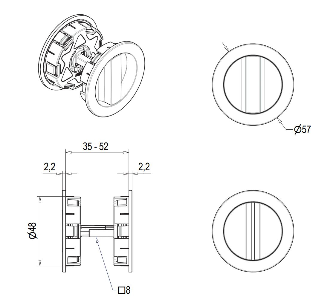 Diagram and dimensions for the round flush turn & release set from SAB bathroom hook lock set for sliding pocket doors