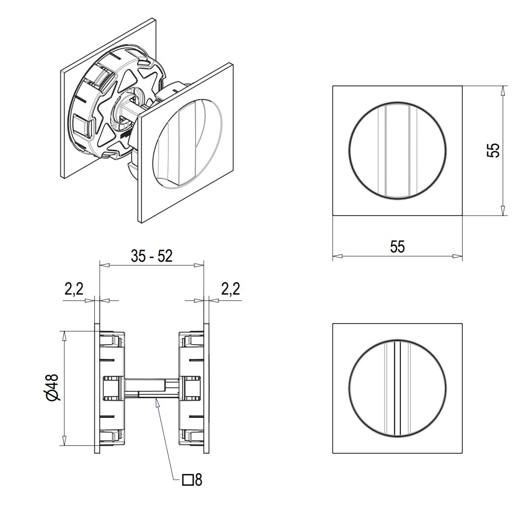 Diagram and dimensions for the square flush turn & release set from SAB bathroom hook lock set for sliding pocket doors