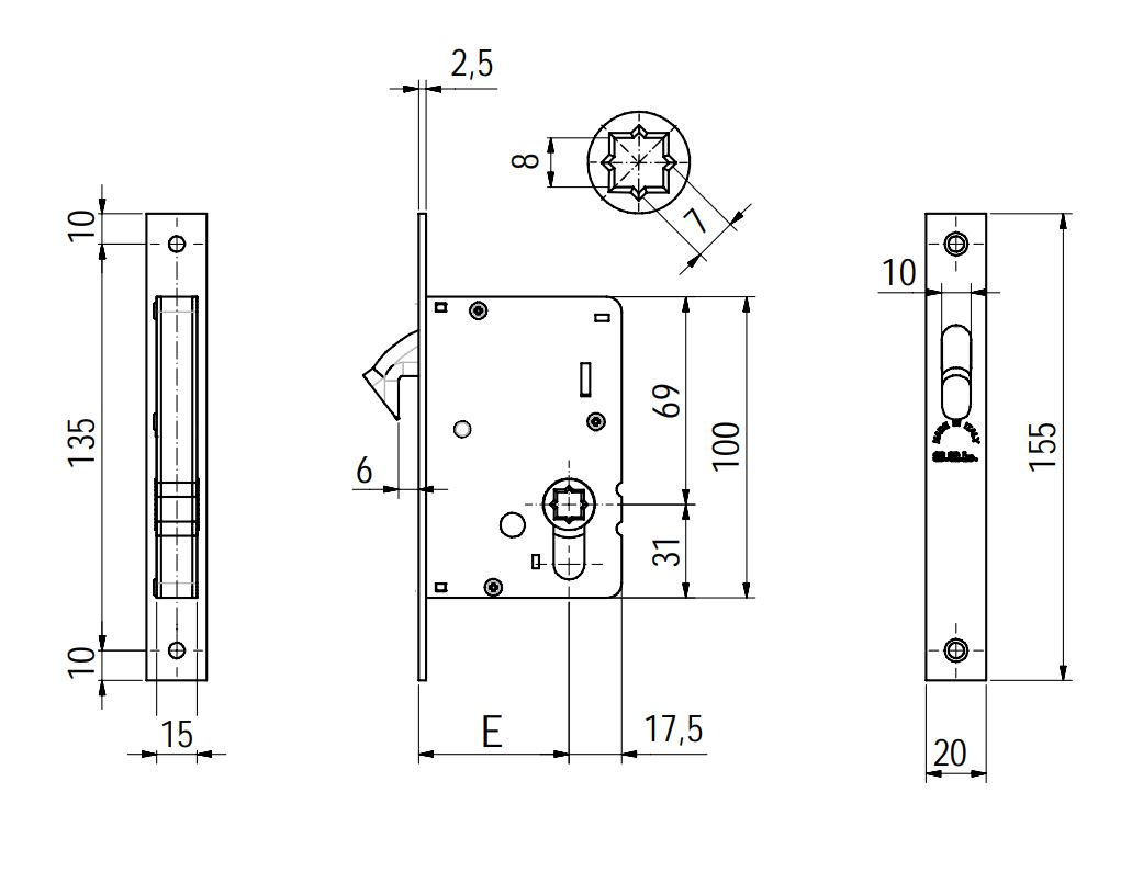 Diagram and dimensions for the SAB bathroom hook lock set for sliding pocket doors