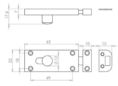 Small Design Surface Mounted Slide Bolt - 63mm x 25mm - With Button Shape Knob - Diagram Dimensions