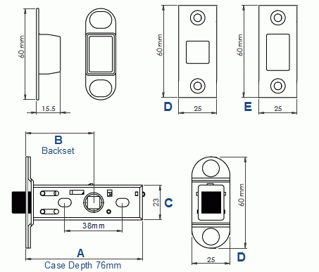 Diagram and dimensions of the Eurospec TLM5030 magnetic tubular mortice latch