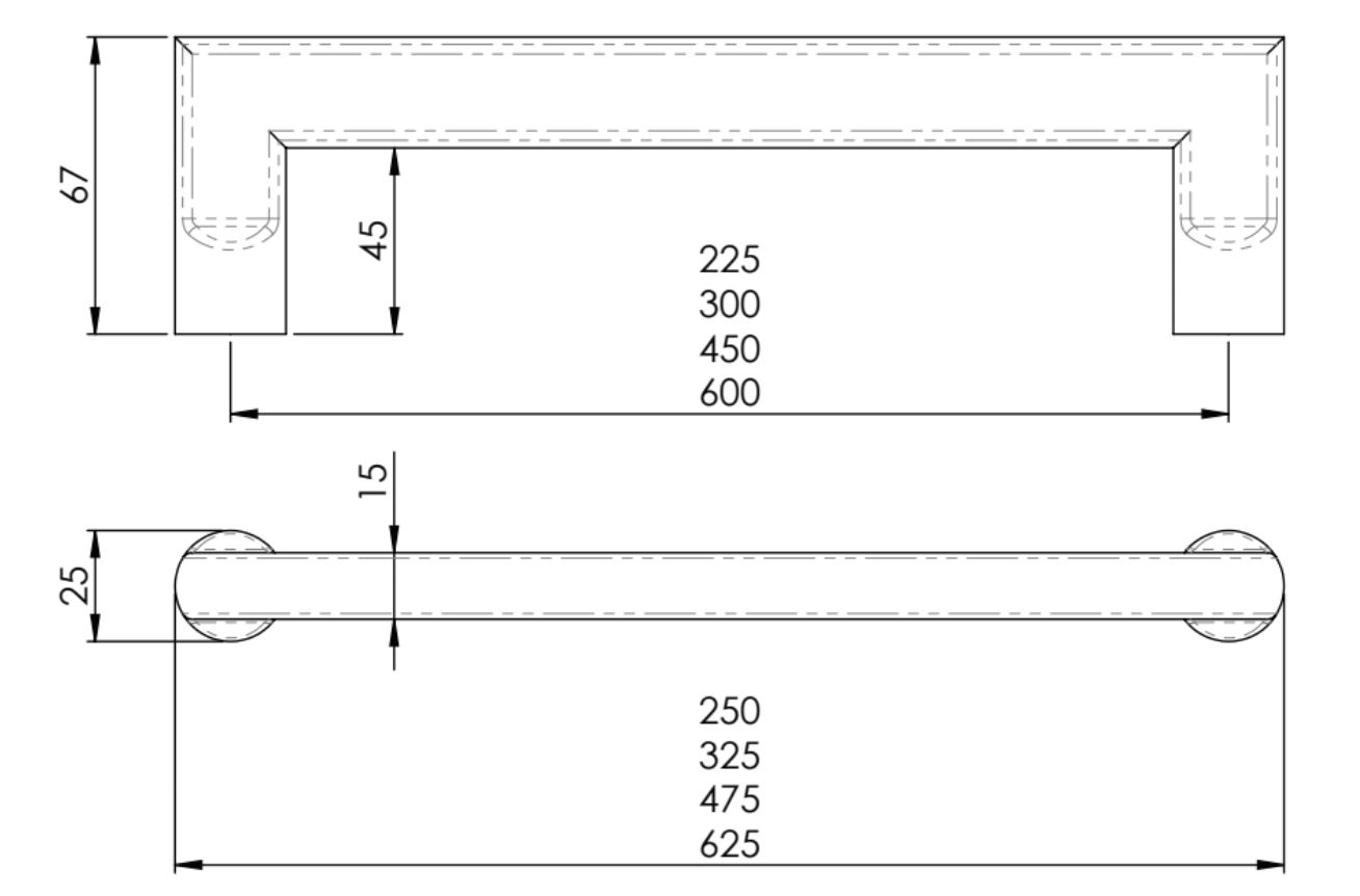 Diagram showing dimensions of the designer mitred shape pull handle