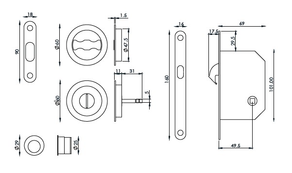 Diagram and dimensions for the bathroom hook lock set for sliding pocket doors