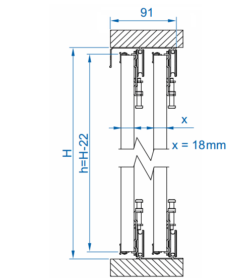 Dimensions of the Ares 3 sliding door gear system for wardrobe and cupboard doors