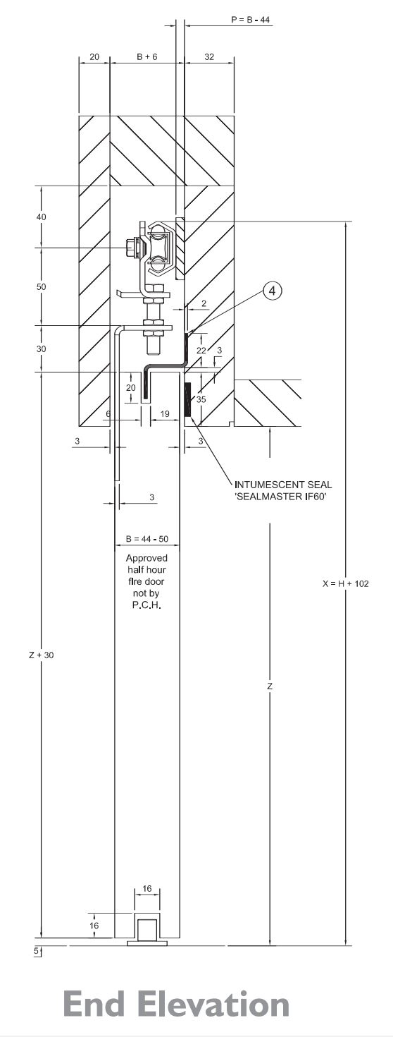 Diagram Showing Dimensions The Fire Rated FD30 Self Closing Sliding Door Track Kit - End View