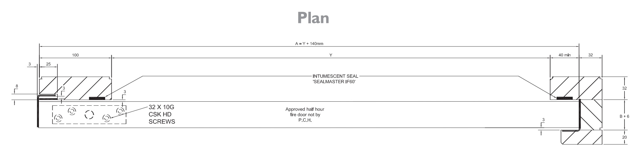 Diagram Showing Dimensions Of The FD30 Fire Rated Sliding Door Track Kit - Plan View