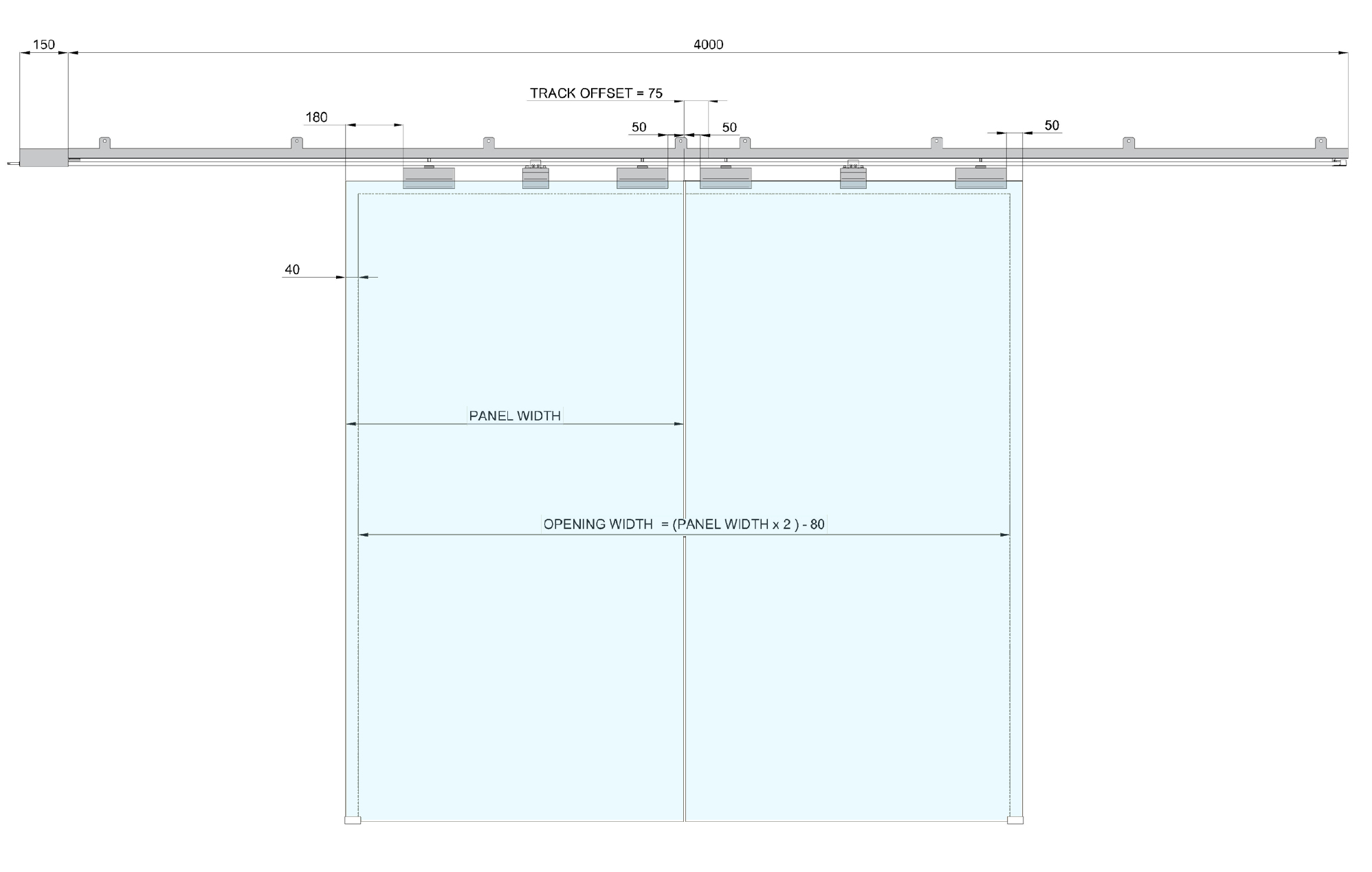 Diagram showing the clear opening width achievable with the automated electronic sliding door gear track for glass double doors 