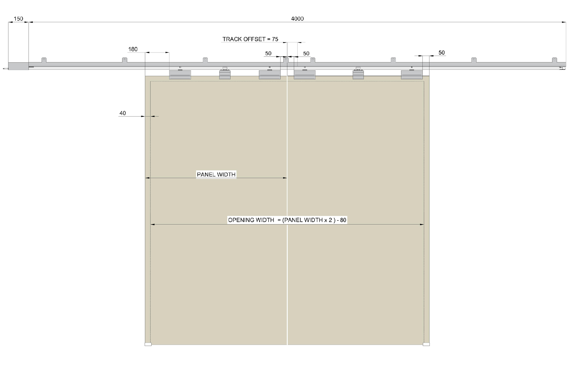Diagram showing the clear opening width achievable with the automated electronic sliding door gear track for double timber doors