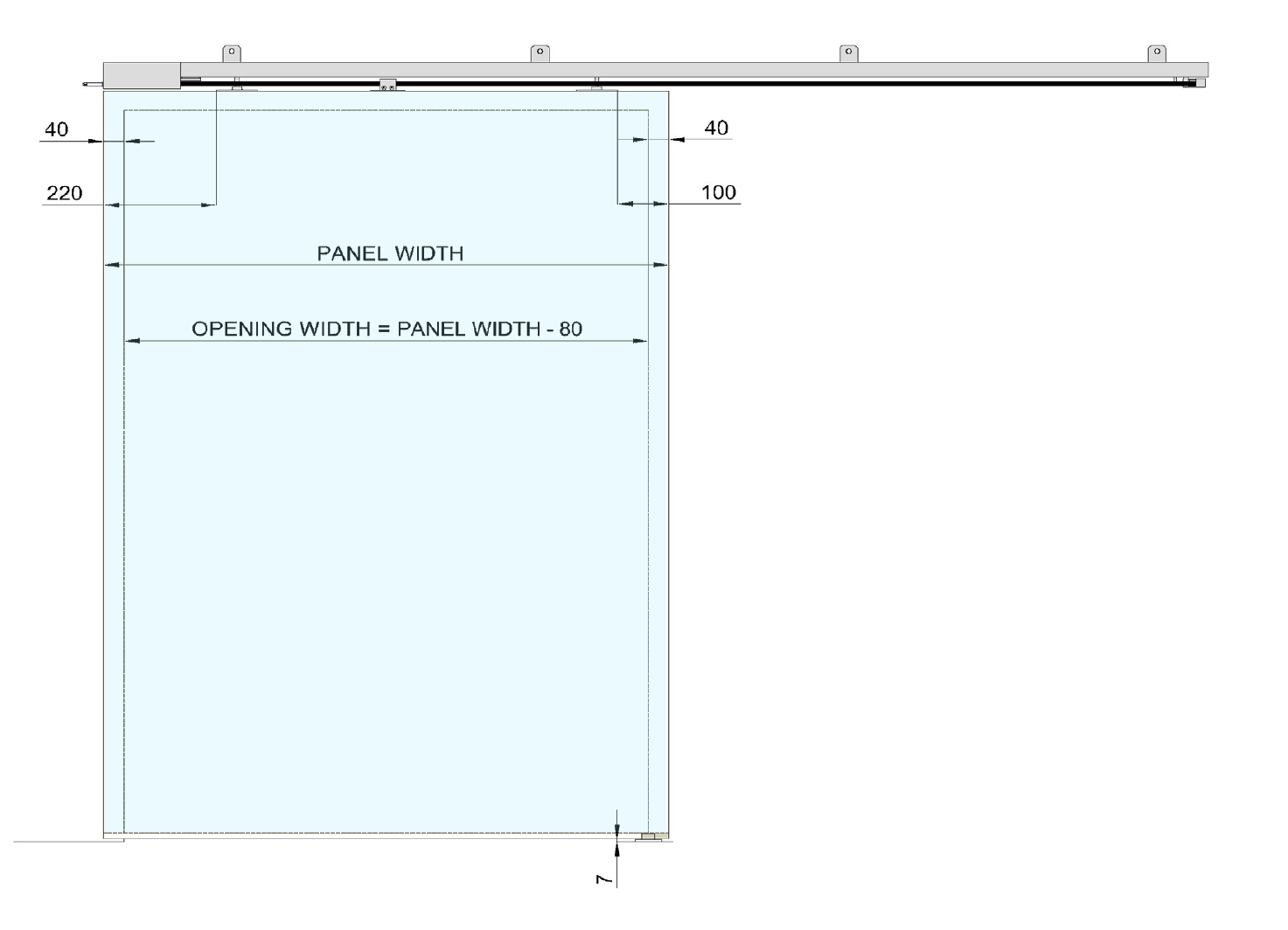 Diagram showing the clear opening width achievable with the automated electronic sliding door gear track for glass doors