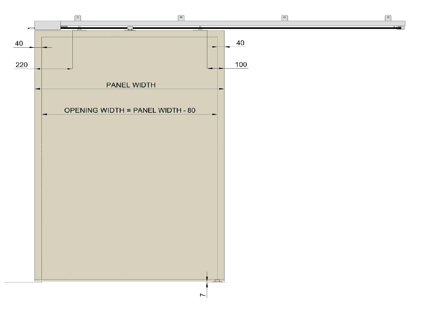 Diagram showing the clear opening width achievable with the automated electronic sliding door gear track for timber doors 