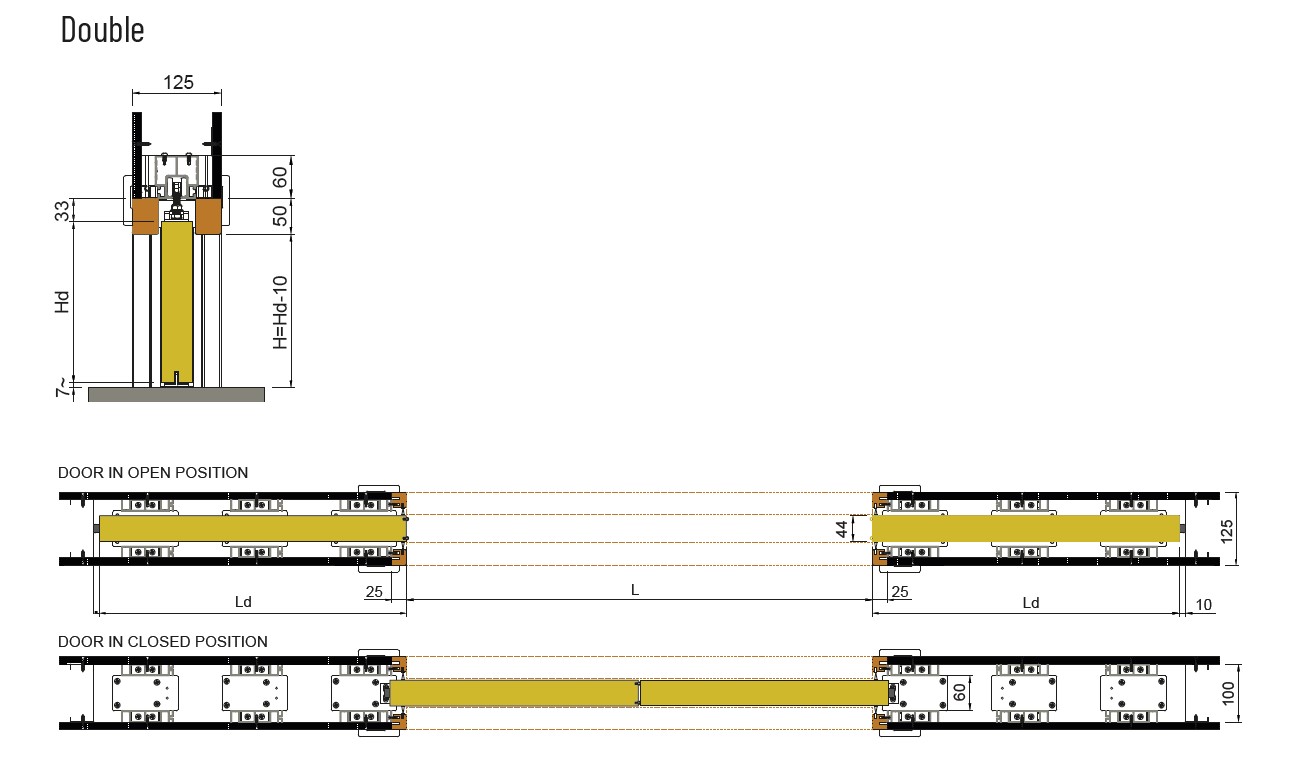 Dimensions of the Scrigno adjustable double sliding cassette pocket door system for large doors