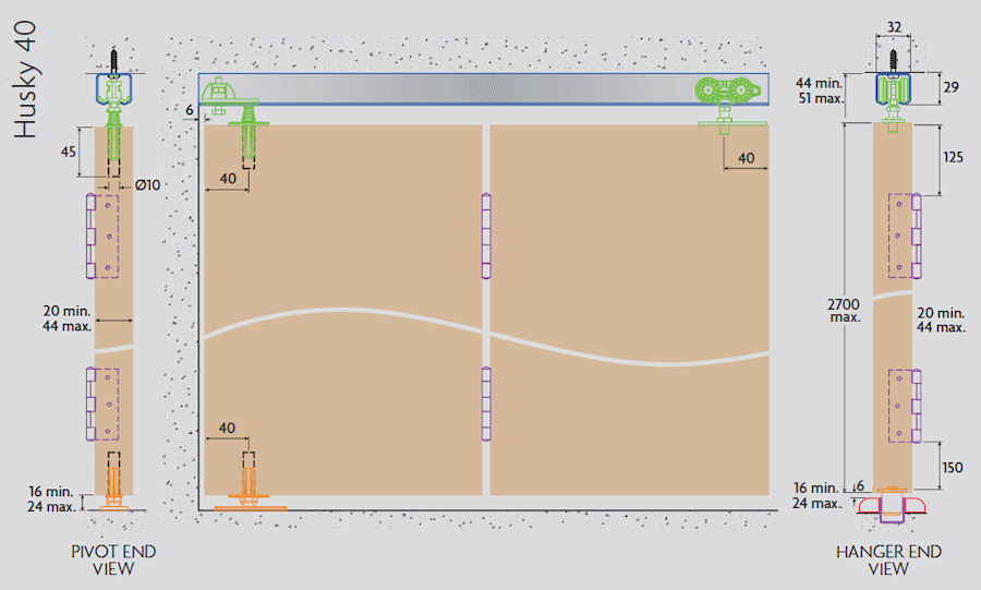 Diagram showing dimensions of the Henderson Husky 40 Bi-Fold Door Gear Kit