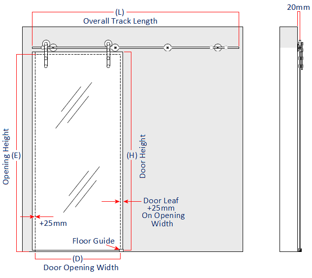 Diagram showing dimensions of the Karcher Design Moonlight top hung sliding door gear for glass doors