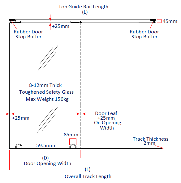 Diagram showing dimensions of the Karcher Design Sunrise bottom rolling sliding door gear for glass doors