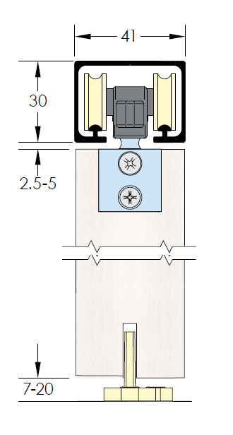 Diagram showing track dimensions of the zero clearance low headroom sliding door gear track system