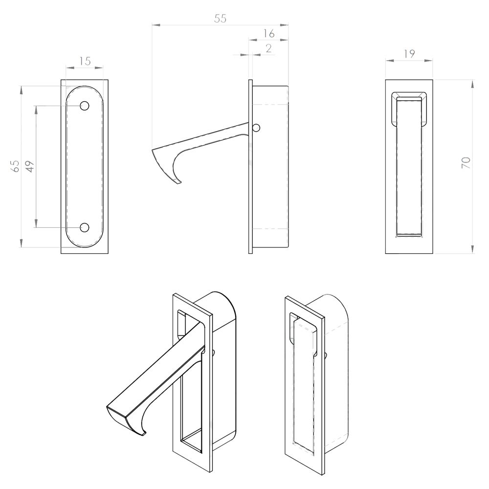 Square End Sliding Pocket Door Pop Out Edge Pull Handle Dimensions Diagram