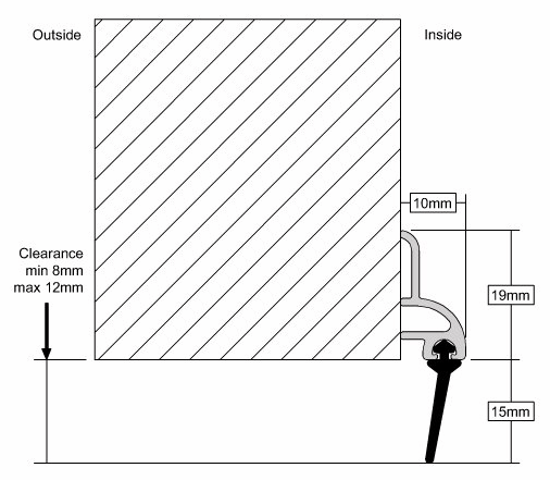Dimensions of the stormguard bottom of door angled rubber draught seal
