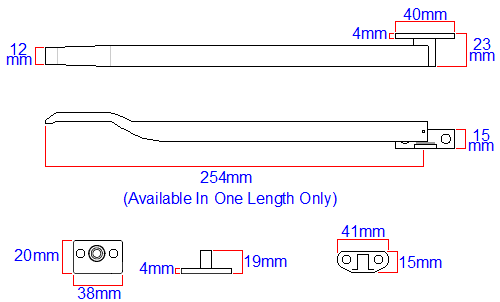 Diagram showing dimensions of the JW77 Jedo modern basta style window stay