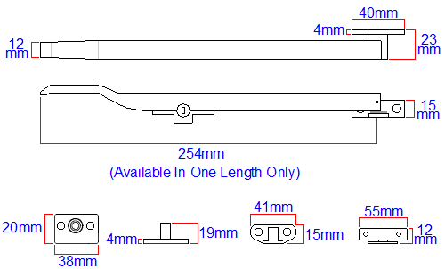 Diagram showing dimensions of the JW77L Jedo modern basta style locking window stay