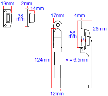 Diagram showing dimensions of the JW78 Jedo modern basta style wedge pattern window fastener