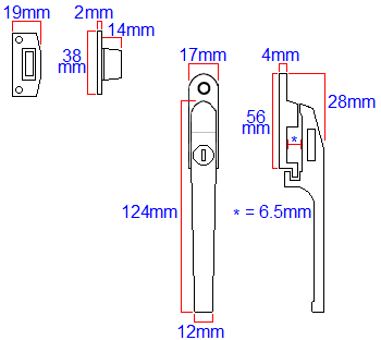 Diagram showing dimensions of the JW78L Jedo modern basta style wedge pattern locking window fastener