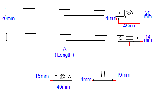 Diagram showing dimensions of the JV4925 Julietta modern tapered design window stay