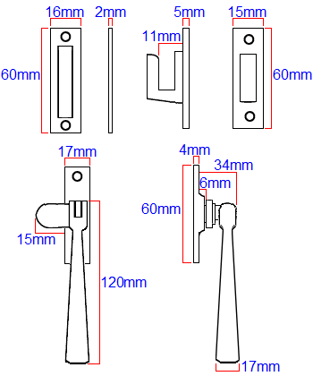 Diagram showing dimensions of the Serozzetta SZS73 window fastener