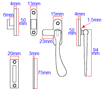 Diagram showing dimensions of the prima lightweight window fastener - 125 range